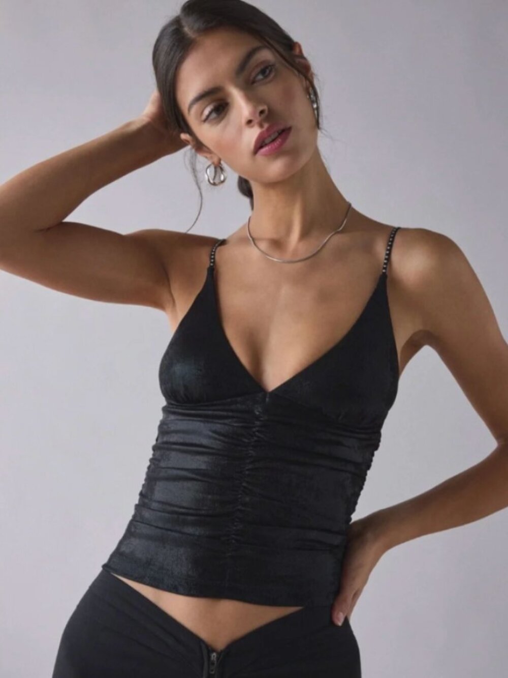 NWOT UO Helly Ruched Plunging Rhinestone Strap Tank Top - Black